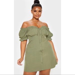 Plus Khaki Bardot Button Front Shift Dress